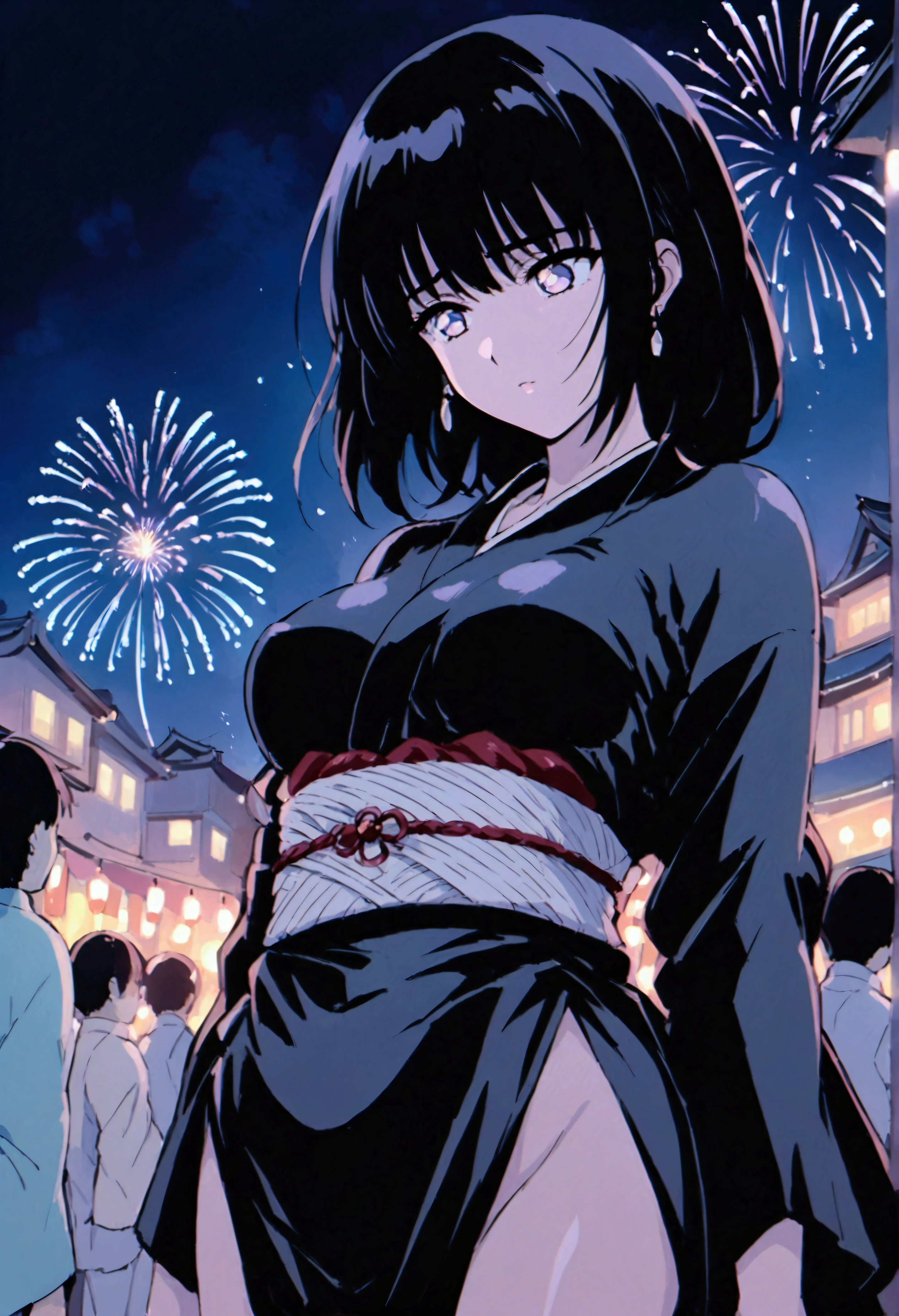 (sex),Fireworks,summer night,tight clothes,detailed,high quality,full moon,Hanabi Taikai,yukata dress,Japanese festival,hidden from people,retro anime