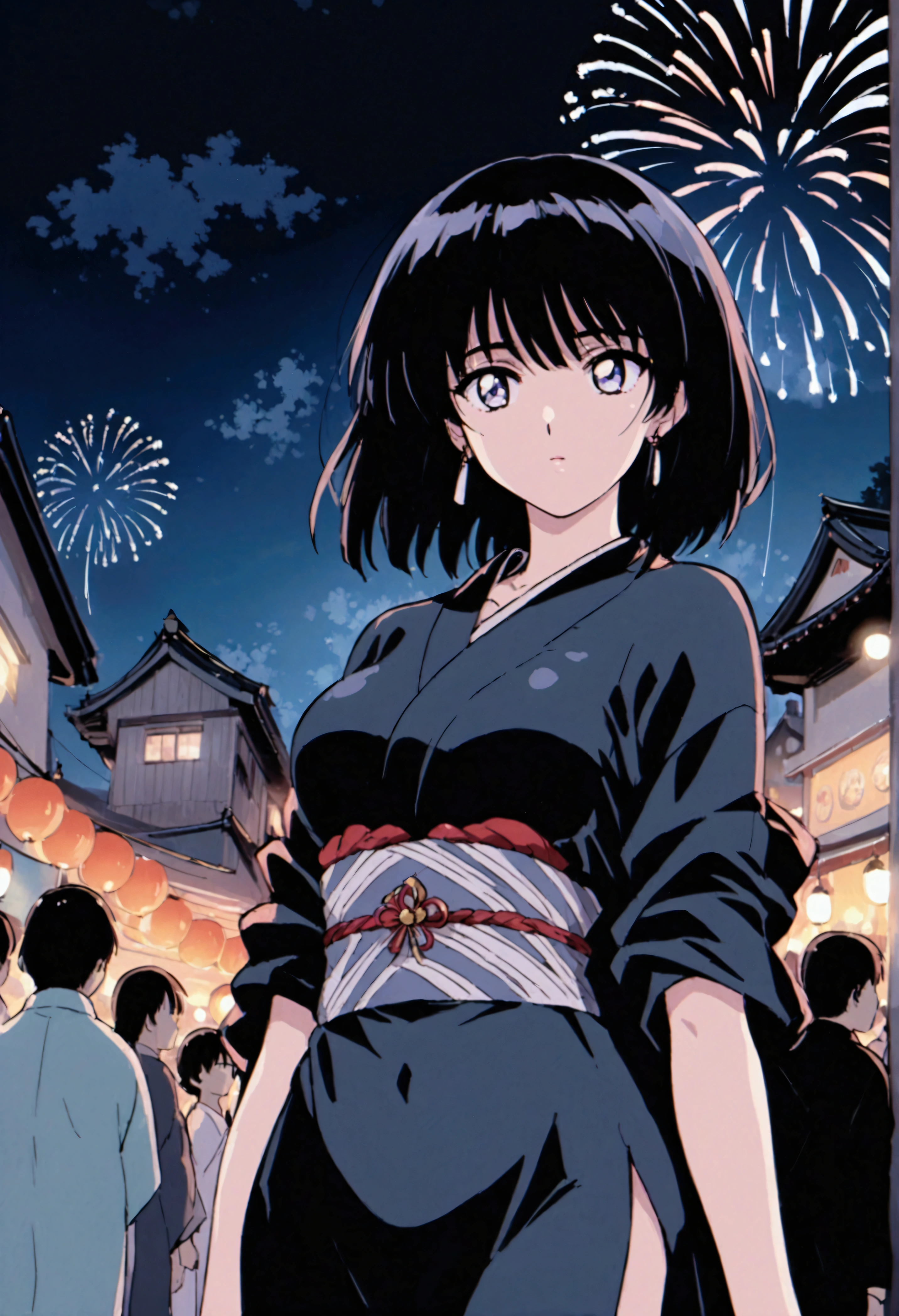 Fireworks,summer night,tight clothes,detailed,high quality,full moon,Hanabi Taikai,yukata dress,Japanese festival,hidden from people,retro anime