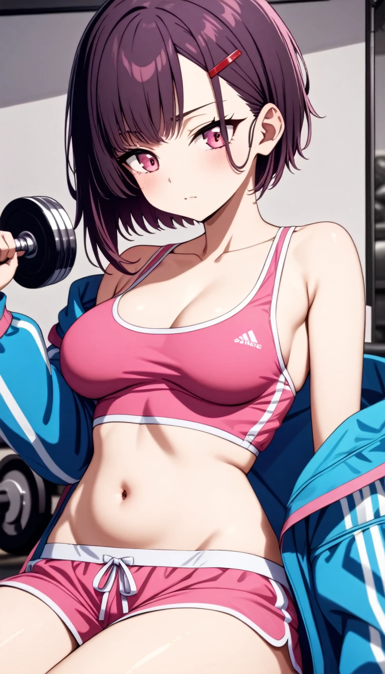 (masterpiece, Highest quality, so beautiful, Super detailed), Intricate details, One girl, Shizukazomu, short hair, Dark purple hair, bangs, hair ornaments, Hair Clip, Pink Eyes, White Eyes, Medium breast, clavicle, Blue jacket, off shoulder, Sporting goods, belly button, abdomen, pink tops, Pink shorts, indoor, gym, (arm curl:1.5), (holding dumbbell:1.5), sitting, detailed beautiful, close-up shot of face