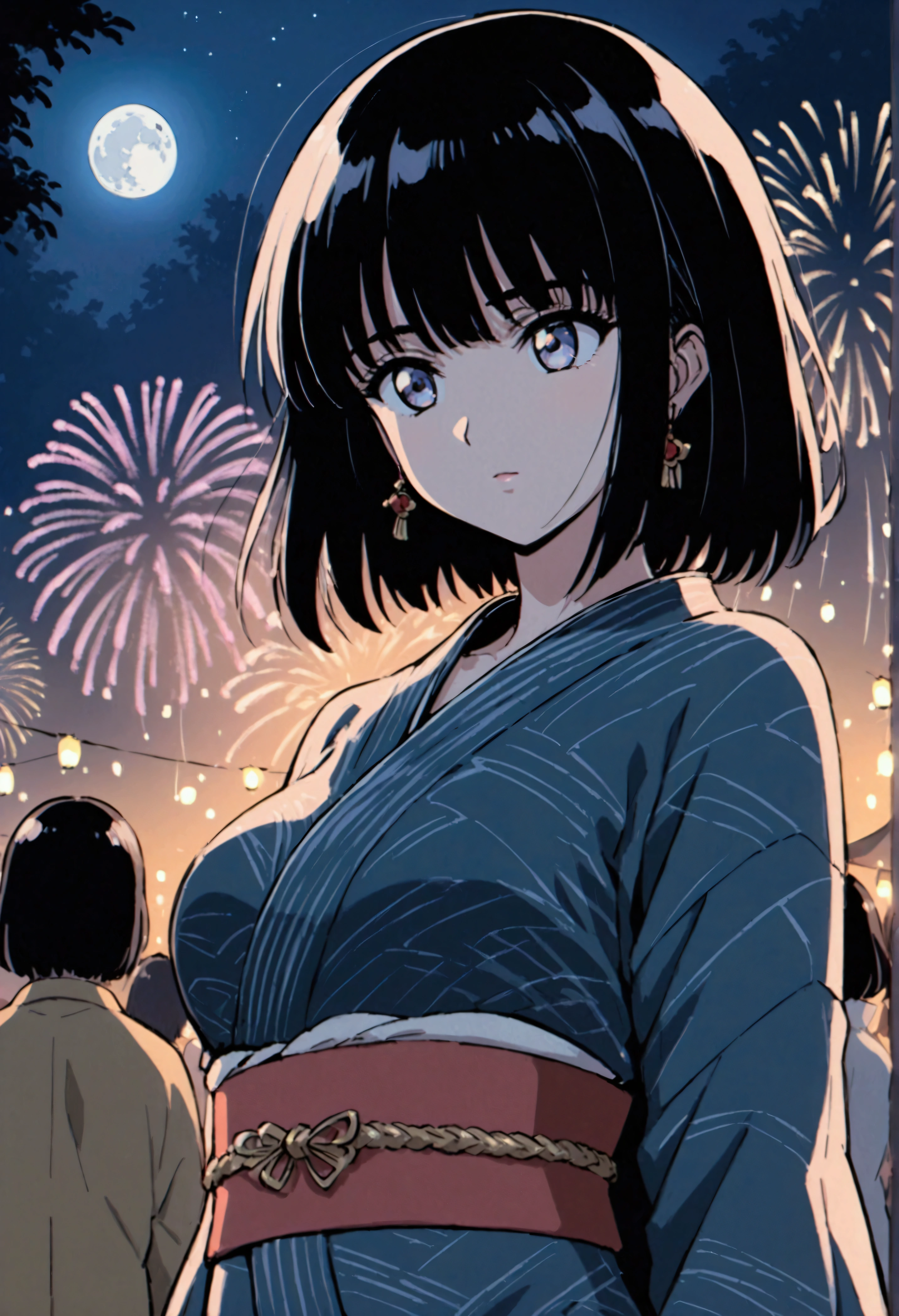 Fireworks,summer night,tight clothes,detailed,high quality,full moon,Hanabi Taikai,yukata dress,Japanese festival,hidden from people,retro anime