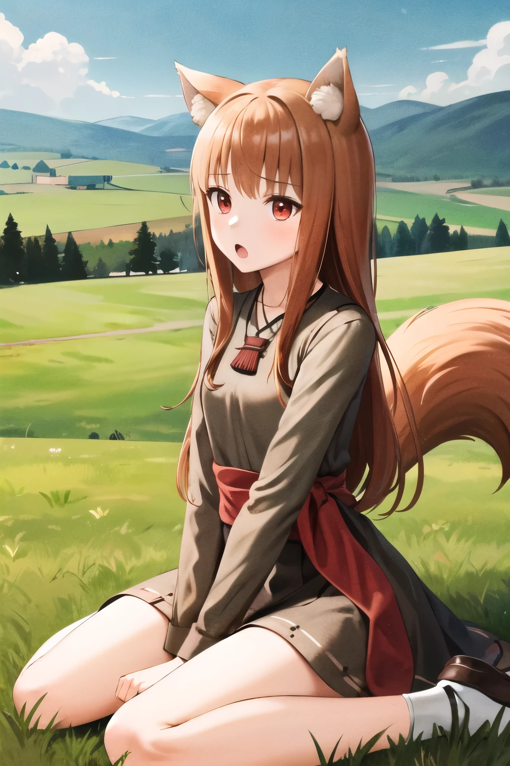 masterpiece, best quality, highres, 1girl, long hair, brown hair, animal ears, red eyes, wolf tail, necklace, dress, sash, :o, grass, field, wariza