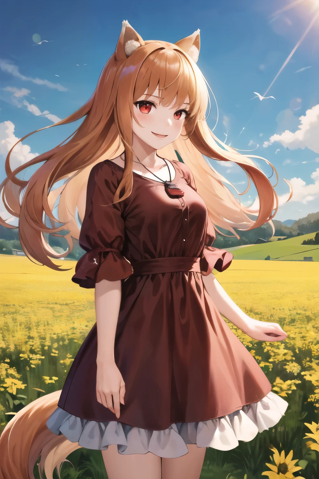 masterpiece, best quality, highres, 1girl, long hair, brown hair, animal ears, red eyes, wolf tail, necklace, dress, standing, cowboy shot, smile, field