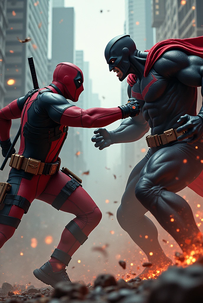 Generate me an image of the character Deadpool boxing against Batman