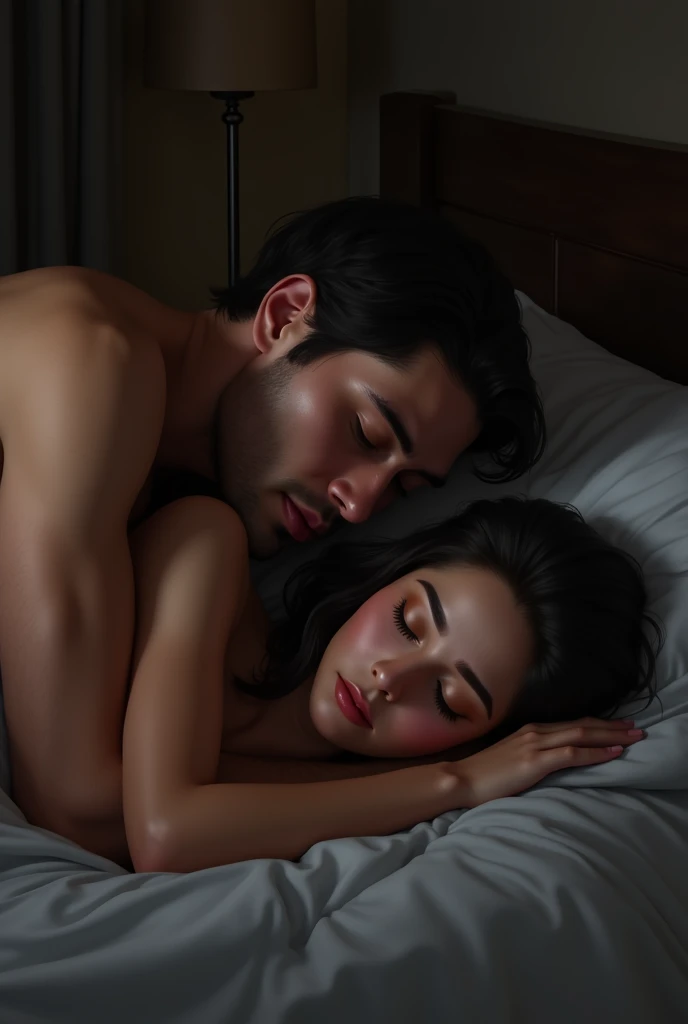 an Indonesian man wearing short pajamas, lying on the bed, hugged by a beautiful, slightly plump Indonesian woman wearing a nightgown, a dim and romantic room as background details. look at the viewer, natural light, realistic photography, wide angle shot from above,