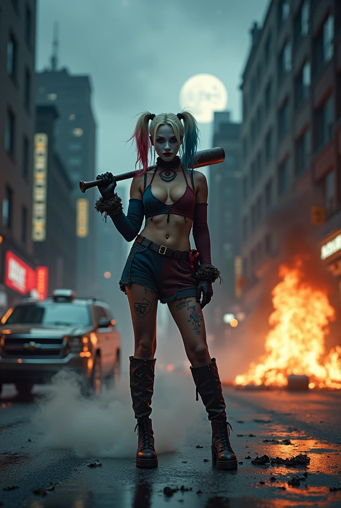 (complex two subjects) best quality,4k,8k,highres,masterpiece:1.2),ultra-detailed,(realistic,photorealistic,photo-realistic:1.37),(Sofía Vergara as the sexy Joker. With her alluring charm, she embodies the mischievousness and playfulness of the character. Her eyes captivate with their mesmerizing gaze, drawing you into her world. Her detailed lips, slightly parted in a seductive smile, add to her allure. (Sofia has Iconic Joker makeup, iconic Joker hair dye, and insane sexy hair))(subject 2), Kelly Hu takes on the role of Harley Quinn, exuding a distinct sense of craziness and mischief. She flirts with danger and steals the spotlight with her flirtatious expressions and exaggerated gestures. (Not identical makeup to Sofia),Her vibrant makeup and colorful hair reflect the colorful chaos that surrounds her. The scene is set in the immersive world of Gotham City, with its dark and brooding atmosphere. The city skyline, illuminated by the neon lights of the Joker's antics, creates a haunting backdrop. Both characters are armed with Joker weapons, showcasing their dangerous and unpredictable nature. Sofía Vergara wields an intricately designed weapon, showcasing her power and control. Kelly Hu's weapon complements her wild and unpredictable personality, adding an extra touch of chaos to the scene. The color palette leans towards vibrant and bold hues, reflecting the flamboyant and larger-than-life personalities of the characters. The lighting is dramatic, casting shadows and highlighting the characters' features, adding depth and intensity to the scene. The resulting image is a high-quality masterpiece that captures the essence of these two iconic characters, bringing them to life in a visually stunning and immersive way. (show both women, full body shot, head to toe)