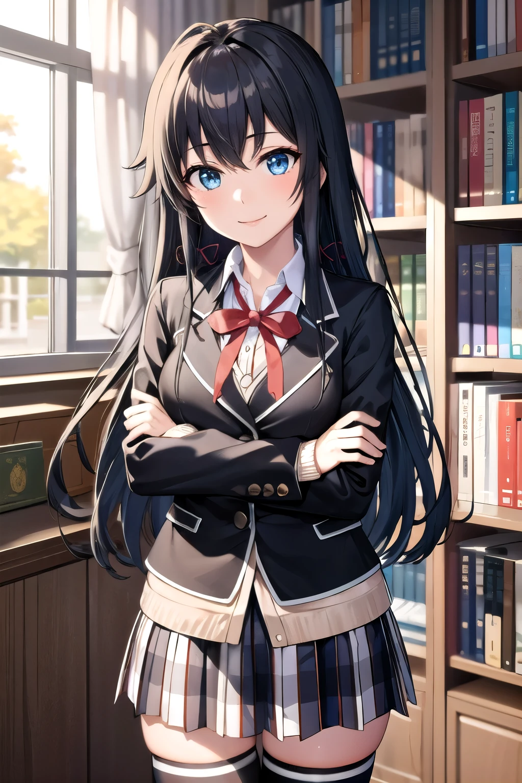 (masterpiece, best quality, detailed), 1girl, solo, yukino yukinoshita, long hair, hair ribbon, looking at viewer,
school uniform, black jacket, plaid skirt, thighhighs, indoors, library, bookshelf, book, book stack, crossed arms, breast hold, arms under breasts, light smile