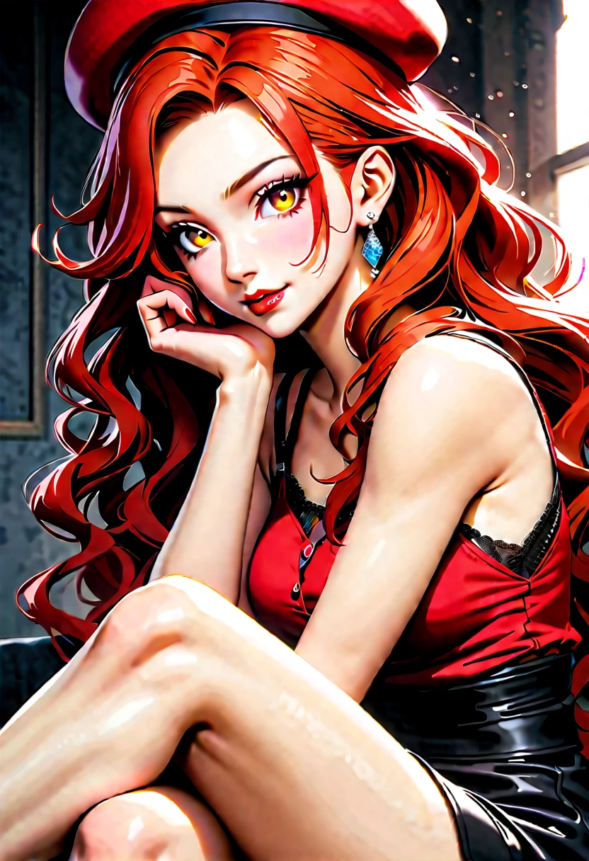 Lose money, Ultra-realistic 8K CG, beautfull woman, Eyes seductive, make up, Red lips, casual clothes, solo, looking at the viewer], bangss, jewel, very long hair, yellow  eyes, earrings, lips, RAND, anatomically correcte, best qualityer, redheadwear, anine, Liza,Red hair, Wavy hair, breastsout, breastsout grandes, blushful, make-up, embarrased, happy/glad, slightly-smile, motion lines, anime styling, sitting cross-legged, sexly