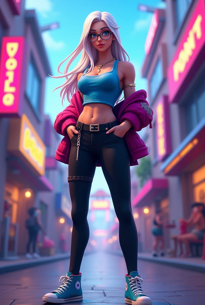 fortnite style girl, long white hair, Broad Hips, blue colored eyes, wearing glasses, Allstar Sneakers, sexy cobalt blue top solid black leggings full body