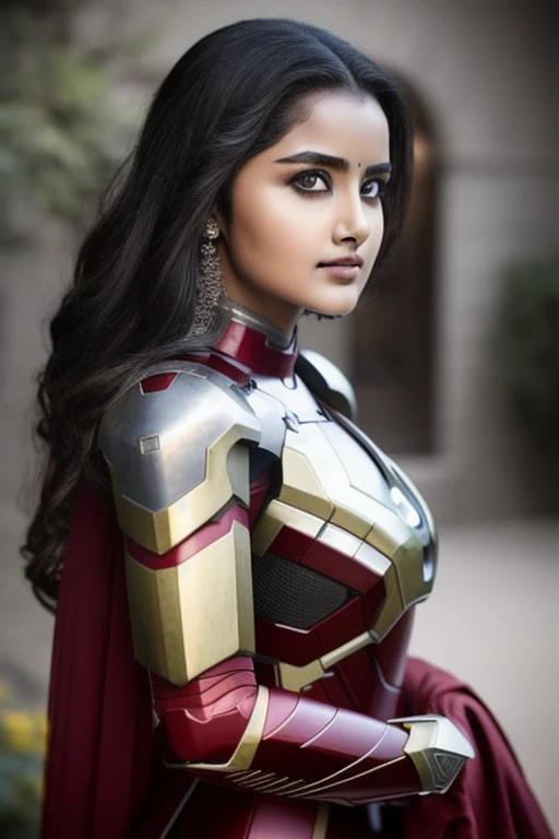 portrait photo, kryst3n, (sharp focus:1.2), attractive young woman anupama  (beautiful face:1.1), detailed eyes, luscious lips, (smokey eye makeup:0.85), she is wearing iron man mark II armor suit, in a (courtyard:1.1). (moody lighting:1.2), depth of field, bokeh, 4K, HDR.