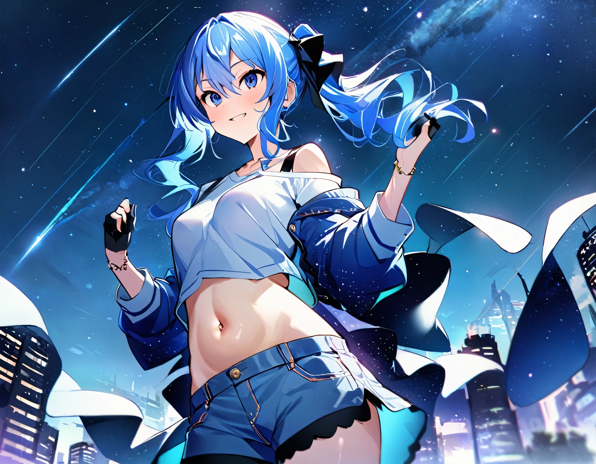 (8k、Best image quality、highest quality、masterpiece)、Detailed face、 1girl、Blue Hair、Long Hair、sideponytail、dark_blue_eyes、smile,(glimps_ of_ navel:0.6),Moderate_torso、small_breasts,((White T-shirt))、Off the shoulder、Black shoulder straps、(open_front_denim_short_shorts:1.2)、Cowboy Shot、Shoot from below、City Background, starry_sky_landscape ,hoshimachi suisei,(covered_nipples:0.3), (belly button:1.2),nihil,solo,stargaze,girl_looking_up_sky,(abs:0.6),