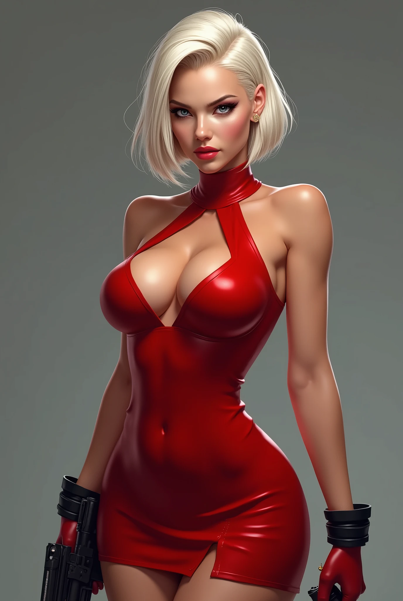 short red dress, undercut platinum bobcut black hair, small breasts, fit, muscular, short hair, chains,