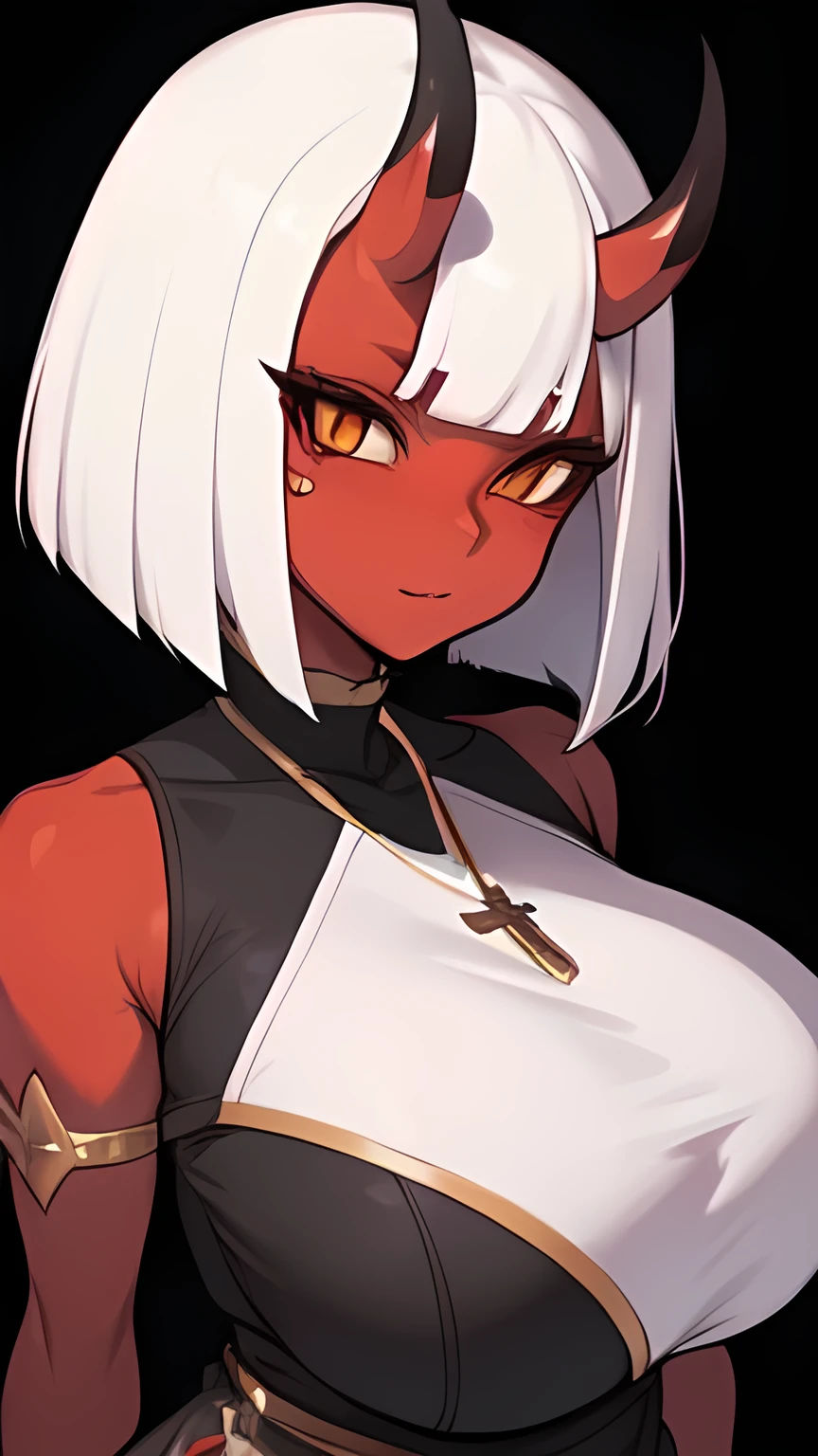 アニメ,(masterpiece: 1.2), (Highest quality: 1.2), Perfect Eyes, Perfect Face, Perfect lighting, photograph,BREAK,(colored skin,red skin:1.1),(two long horns on head),(demon tail:1.2),(gigantic breasts:1.6),thicc,(puppet:1.2),(white,A-line bob cut hair:1.6),(orange eyes),BREAK,(sister clothes:1.6),(gold cross necklace:1.2),BREAK,leaning forward,BREAK,Upper Body