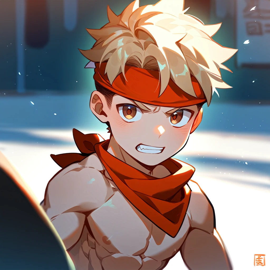 (shota face), young boy,solo, naked,penis, muscular, red bandana, on street, serious, light brown hair, brown eyes, fighting stand , showing teeth
