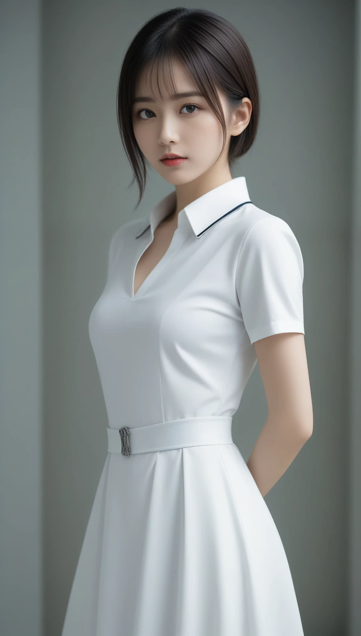 8k, Ultra-high resolution, Highest quality, masterpiece, 三分割法によるphotograph,Surreal, photograph, 1 , (:1.3), cute, cute顔, 細部までBeautiful Eyes, 細かくdetailedに,masterpiece,One Girl:1.2,Japanese women,nurse,upper body,glaring,Black hair,Messy hair,ID photo, Near future,Brutal Cyberpunk Woman,ruined treatment room,(A fusion of Rococo style dress and nurse uniform:1.3)(BDSM:Queen),(bondage:Suppressed),(boots),(bound:collar),(bound:Lock:1.5),(bound legs),(Lock:Locked)(collar:cuffs),(Queen:gloves),(Knee socks),Expression of despair,Dark and atmospheric lighting,Subtle details, detailedな顔,anger,Attractive eyes,(ポートレートphotograph:1.4),(Photorealistic images:1.4),Fantasy art,(Beautiful Face:1.4),美しくAttractive eyes、Beautiful Eyes,Silver residue,(Tight waist:1.4)、(Beautiful with perfect body proportions:1.4),Red lips,profile,(((Ideal body type))),A-cup small breasts :2,、Portraiture:2、Perfect Anatomy、鮮明なdetailed、detailed,Fashion magazine cover,Thin lips,完璧でBeautiful Face ,完璧でcute顔, Detailed skin, Perfect limbs、Narrow waist,Surreal,Light and shadow,spotlight