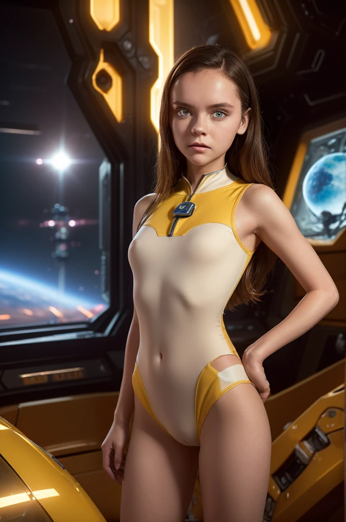 (, 1, Brown hair, photorealistic, pale skin), (yellow (eyes:1.2)), (slim build:1.3), (fantasy space suit), almost no clothes, beautiful face, symmetrical face, greg rutkowski, Wlop and Sam Kuvshinov, (wide), blonde eyelashes, large iris, large pupil, whole body, medium breasts, small butt, cleft of venus, detailed pussy, clitoris, labia, nsfw, standing at the bottom of the cosmodrome, art station, 8k, Science fiction, pastel colours, accessories, panel, concept, futuristic, grumble, simon stalenhag, space, in outer space, a spaceship in the sky, technological blocks, intricatedetails