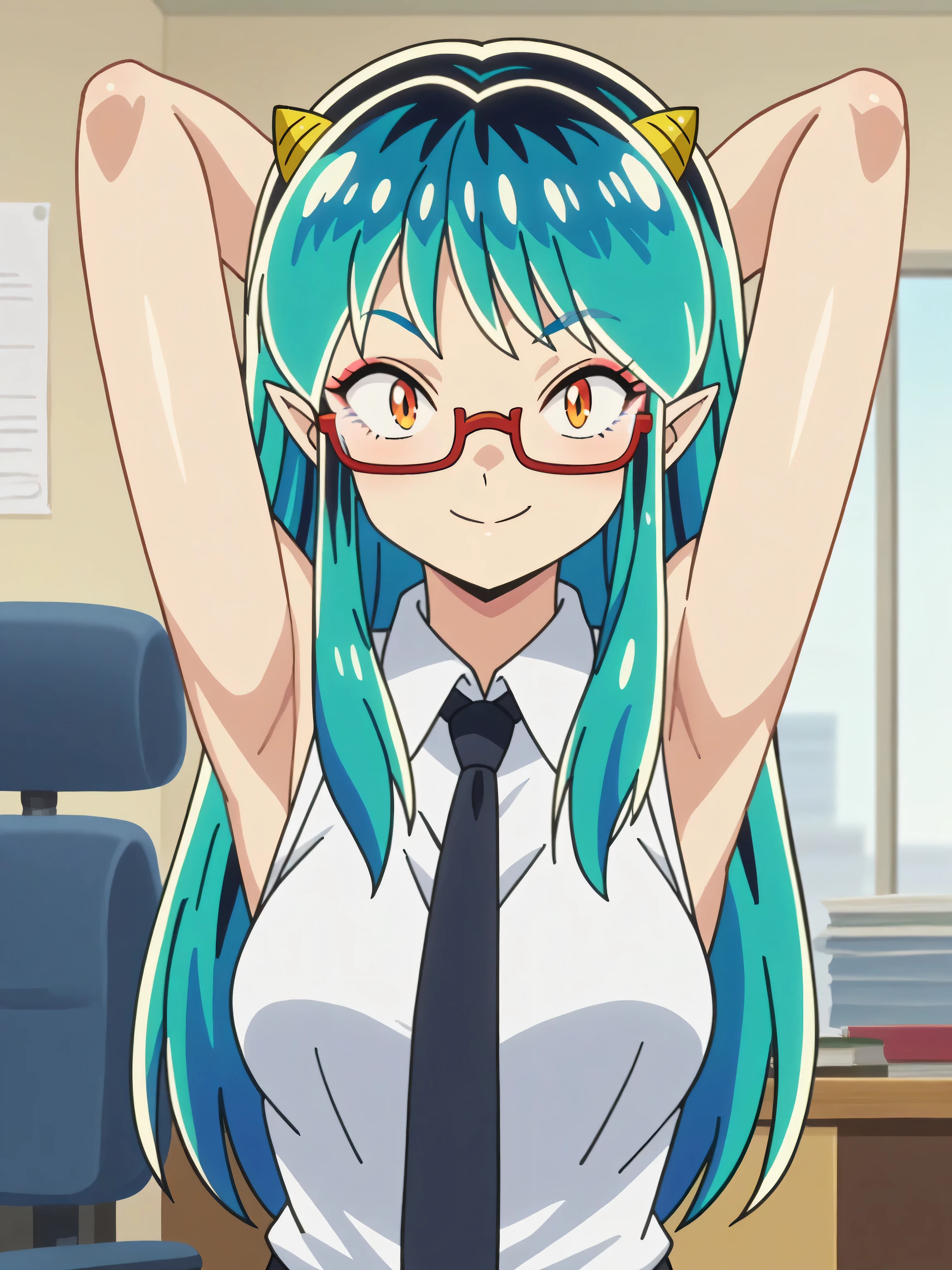 score_9, score_8_up, score_7_up, source_anime, anime screencap, indoors, office, 1girl, solo, lum, long hair, bangs, blue hair, orange eyes, horns, pointy ears, aqua hair, oni horns, eyeshadow, glasses, office lady, tie, necktie, black necktie, shirt, collared shirt, white shirt, sleeveless shirt, bare shoulders, bare arms, looking at viewer, eye contact with viewer, seducing smile, (smug:0.8), light blush, closed mouth, arms behind head, armpits, shiny skin, shiny hair, medium breasts 