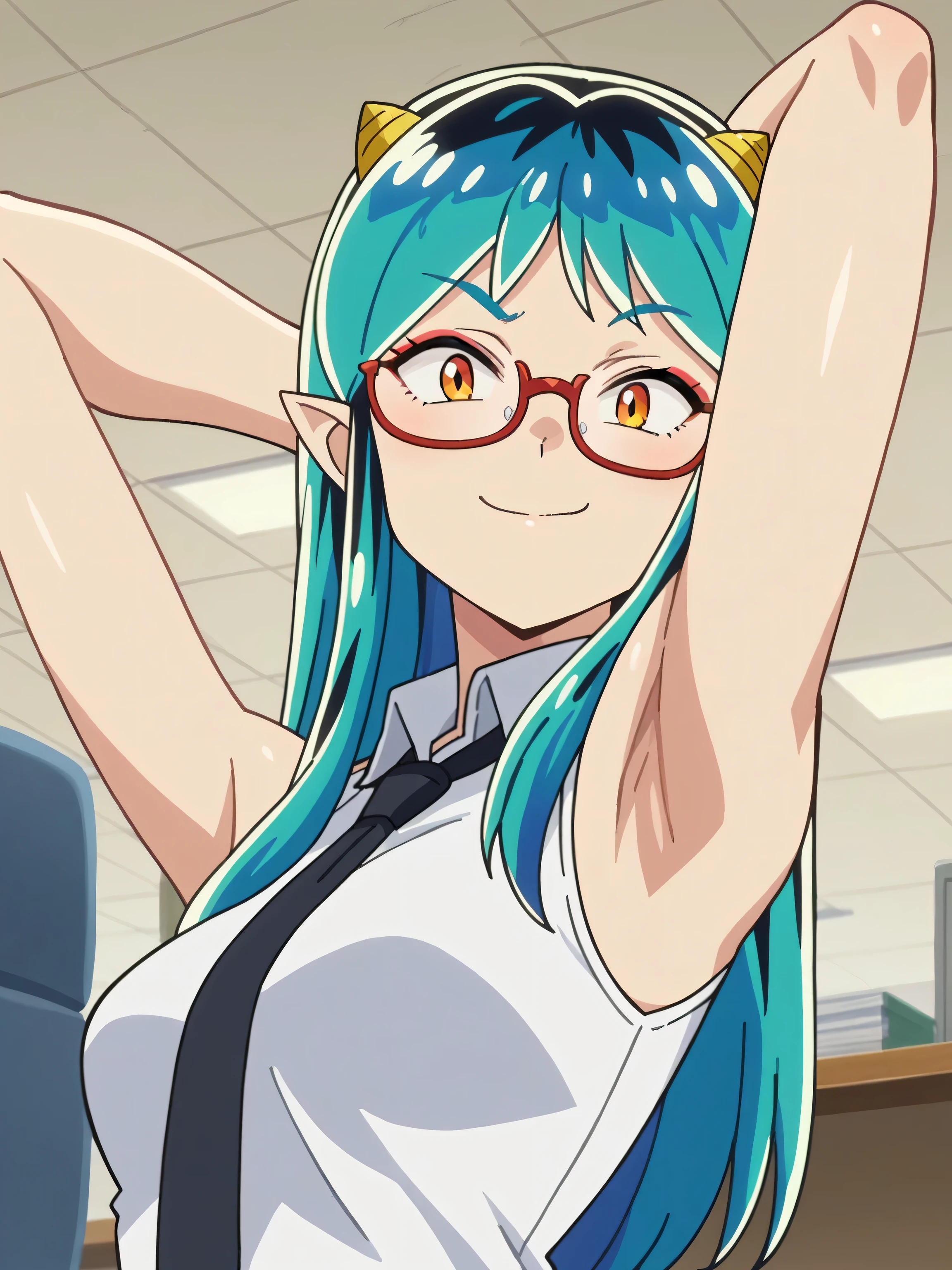 score_9, score_8_up, score_7_up, source_anime, anime screencap, indoors, office, 1girl, solo, lum, long hair, bangs, blue hair, orange eyes, horns, pointy ears, aqua hair, oni horns, eyeshadow, glasses, office lady, tie, necktie, black necktie, shirt, collared shirt, white shirt, sleeveless shirt, bare shoulders, bare arms, looking at viewer, eye contact with viewer, seducing smile, (smug:0.8), light blush, closed mouth, arms behind head, armpits, shiny skin, shiny hair, medium breasts 