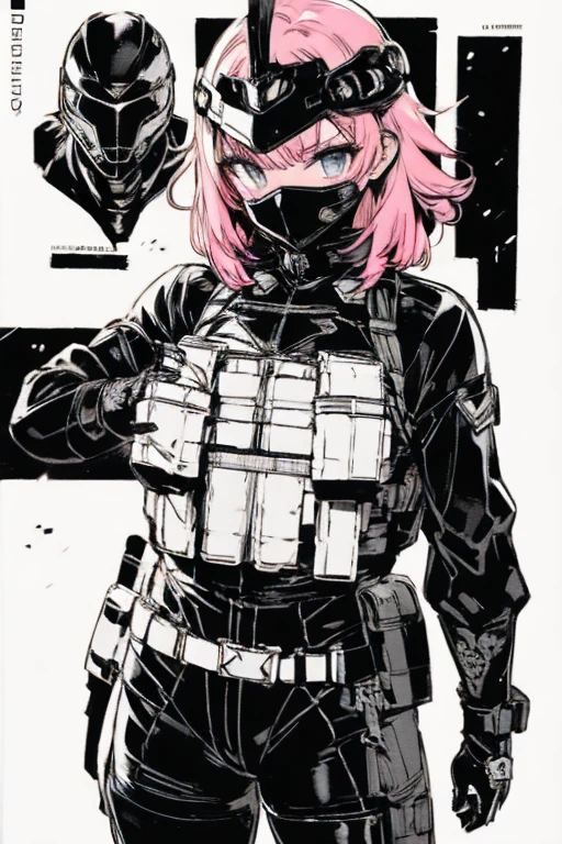 Metal Gear Solid Style, (detailed intricate full cover tactical helmet:1.3), (Pink Hair), Cowboy Shot, [Dynamic pose, One girl, alone, Ray Tracing, (masterpiece), (Highest quality), (detailed), (detailed tactical gear:1.1), (Bulletproof vest:1.1), Combat pants, gloves, (Complex background:1.1), 