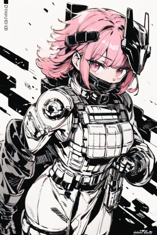 Metal Gear Solid Style, (detailed intricate full cover tactical helmet:1.3), (Pink Hair), Cowboy Shot, [Dynamic pose, One girl, alone, Ray Tracing, (masterpiece), (Highest quality), (detailed), (detailed tactical gear:1.1), (Bulletproof vest:1.1), Combat pants, gloves, (Complex background:1.1), 