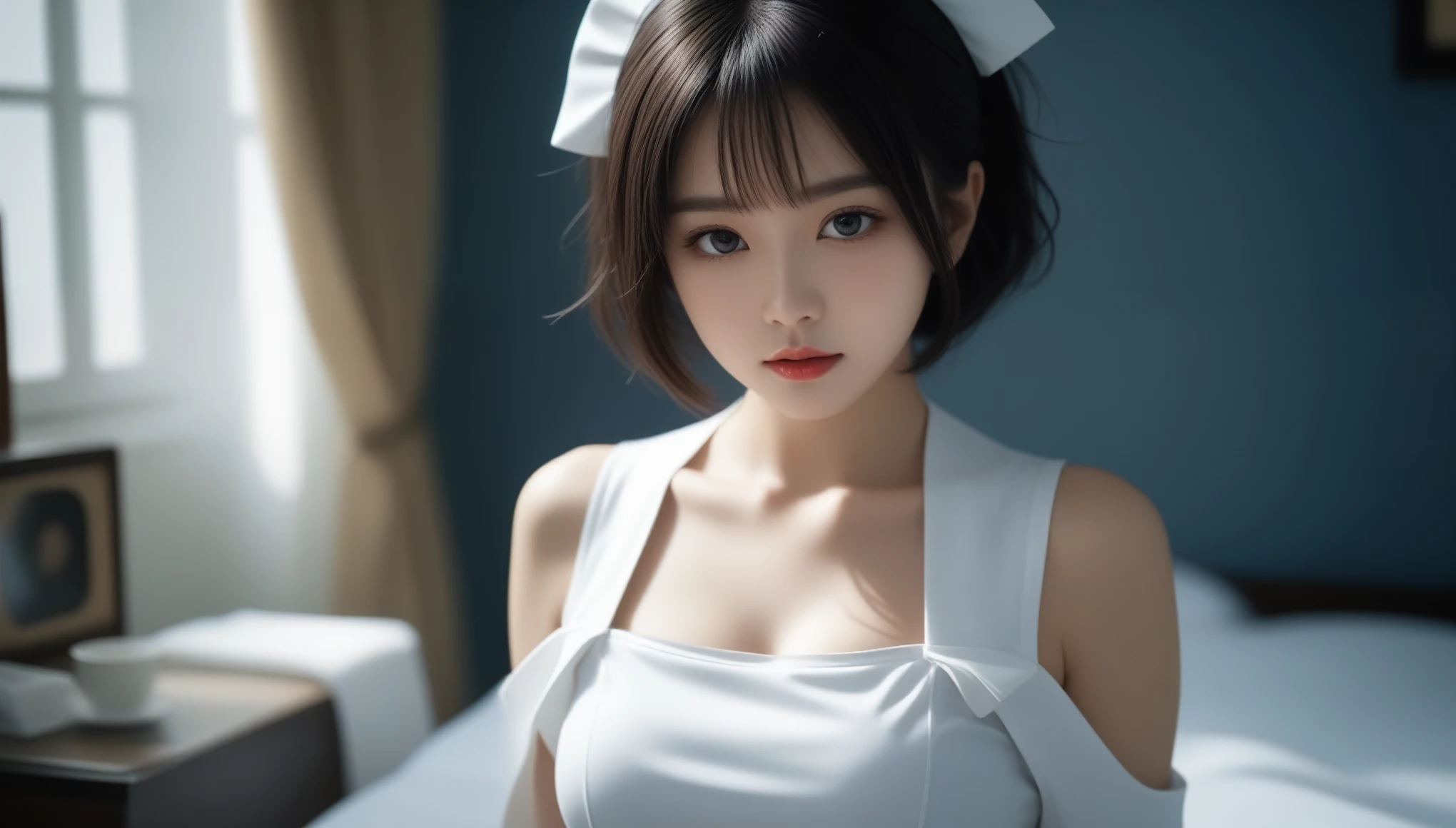 8k, Ultra-high resolution, Highest quality, masterpiece, 三分割法によるphotograph,Surreal, photograph, 1 , (:1.3), cute, cute顔, 細部までBeautiful Eyes, 細かくdetailedに,masterpiece,One Girl:1.2,Japanese women,nurse,upper body,glaring,Black short hair,half updo,ID photo,(Futuristic nurse uniform:1.3),cyber punk,Medical Treatment Room,white collar,(Beautiful attention to detail),Subtle details, detailedな顔,anger,Attractive eyes,(ポートレートphotograph:1.4),(Photorealistic images:1.4),Fantasy art,(Beautiful Face:1.4),美しくAttractive eyes、Beautiful Eyes,Silver residue,(Tight waist:1.4)、(Beautiful with perfect body proportions:1.4),Pink Lips,profile,(((Ideal body type))),A-cup small breasts :2,、Portraiture:2、Perfect Anatomy、鮮明なdetailed、detailed,Fashion magazine cover,Thin lips,完璧でBeautiful Face ,完璧でcute顔, Skin with attention to detail, Perfect limbs、Narrow waist,Surreal,Light and shadow,spotlight