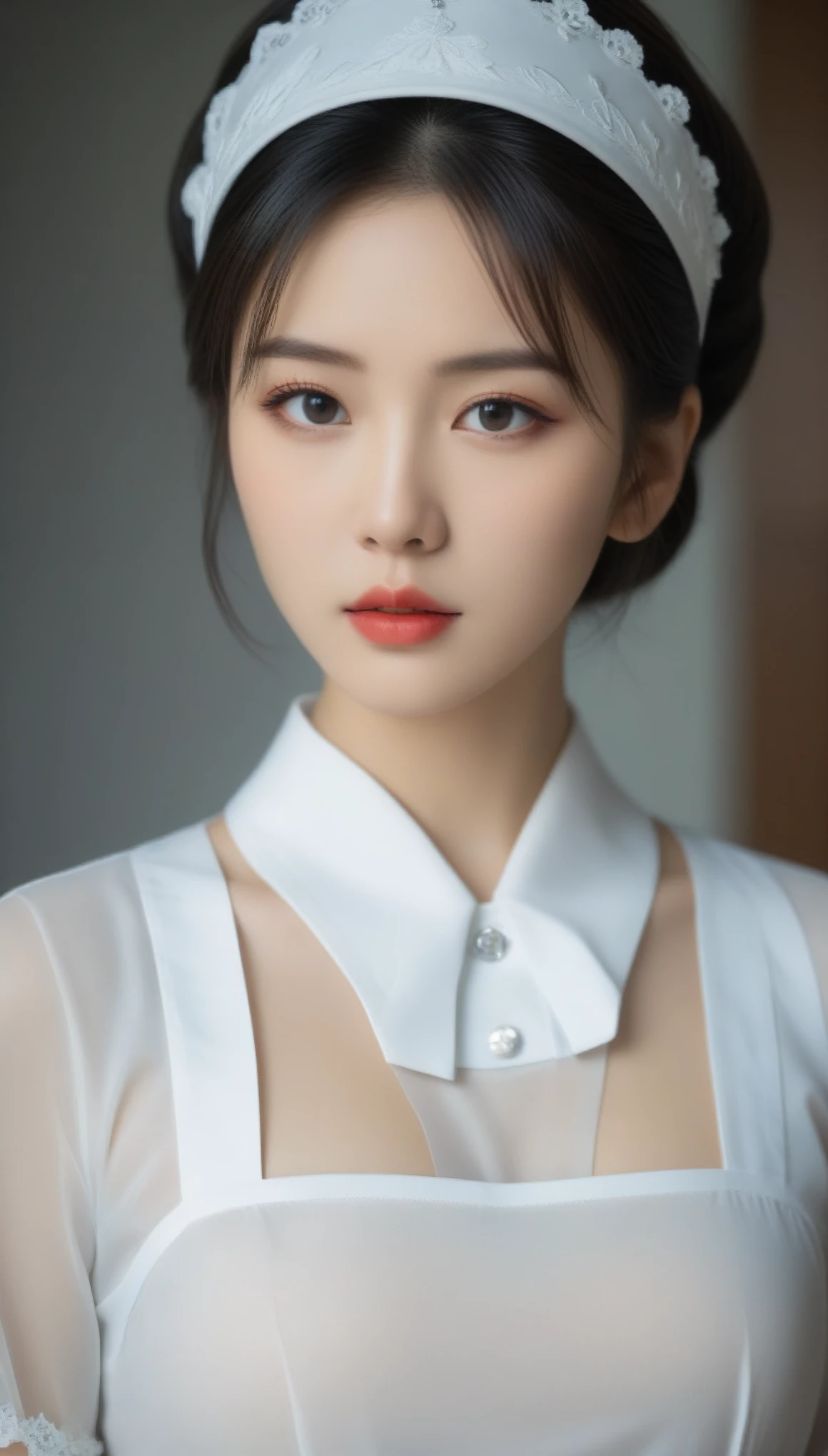 8k, Ultra-high resolution, Highest quality, masterpiece, 三分割法によるphotograph,Surreal, photograph, 1 , (:1.3), cute, cute顔, 細部までBeautiful Eyes, 細かくdetailedに,masterpiece,One Girl:1.2,Japanese women,nurse,upper body,glaring,Black hair,Bowl cut,ID photo, Near future,Brutal Cyberpunk Woman,ruined treatment room,(A fusion of Rococo style dress and nurse uniform:1.3)(BDSM:Queen),(bound:collar),(bound:Lock:1.5),(bound legs),(Lock:Locked)(collar:cuffs),(Queen:White gloves),(White knee socks),Expression of despair,Dark and atmospheric lighting,Subtle details, detailedな顔,anger,Attractive eyes,(ポートレートphotograph:1.4),(Photorealistic images:1.4),Fantasy art,(Beautiful Face:1.4),美しくAttractive eyes、Beautiful Eyes,Silver residue,(Tight waist:1.4)、(Beautiful with perfect body proportions:1.4),Red lips,profile,(((Ideal body type))),A-cup small breasts :2,、Portraiture:2、Perfect Anatomy、鮮明なdetailed、detailed,Fashion magazine cover,Thin lips,完璧でBeautiful Face ,完璧でcute顔, Detailed skin, Perfect limbs、Narrow waist,Surreal,Light and shadow,spotlight