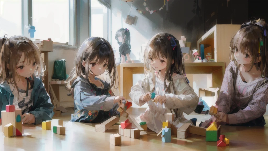Pixar style animation, three sisters, are children, small, children's drawing, one of 4 years, one of 2 years and another of 6 months, they are beautiful, they are light brunettes, wavy hair, short hair, short hair, beautiful girls, smiling, are in the beautiful room, decorated room, one is called Mariana, another is called Julia and the other is called Joana, are children, children's drawing, Disney style, play in the room, wear colorful clothes