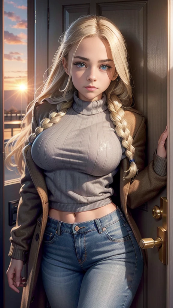 1girl, (Blue Eyes), Seductive Face, ((Sana Minatozaki)), Wide Hips, Big Breasts, Big Butt, (Best Quality, 8k, Masterpiece: 1.3)), Clear Focus: 1.2, Perfect Body Beauty: 1.4, Slender abs: 1.2, Wet body: 1.5, Highly detailed face and skin texture, detailed eyes, double eyelids ((long blonde hair)), long legs, (jeans), (brown_oversized sweater), (button sweater) , sitting in a restaurant in tokyo, night city background