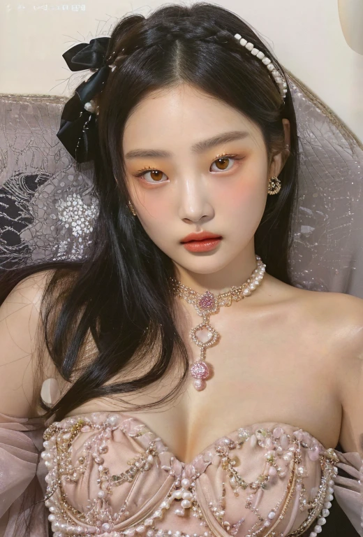 A close-up of a woman wearing a dress and a pearl necklace and golden eyes, jennie pink black, parque me, jia, Hwang Se - En, magazine scan, Shin Min Jeong, heonhwa choe, lee ji-eun, Lee Ji Eun, TaeJune Kim, Jiyun Chae, Yoshitomo Nara, kristal big breasts, heavy breasts, large eyes