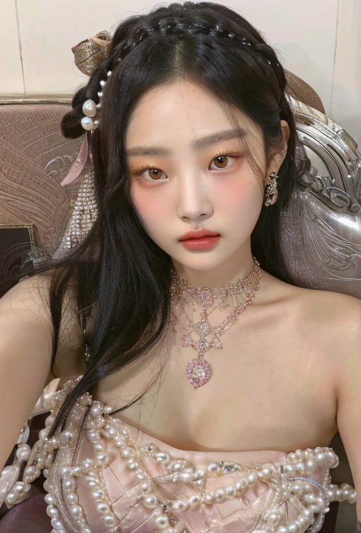 A close-up of a woman wearing a dress and a pearl necklace and golden eyes, jennie pink black, parque me, jia, Hwang Se - En, magazine scan, Shin Min Jeong, heonhwa choe, lee ji-eun, Lee Ji Eun, TaeJune Kim, Jiyun Chae, Yoshitomo Nara, kristal big breasts, heavy breasts, large eyes