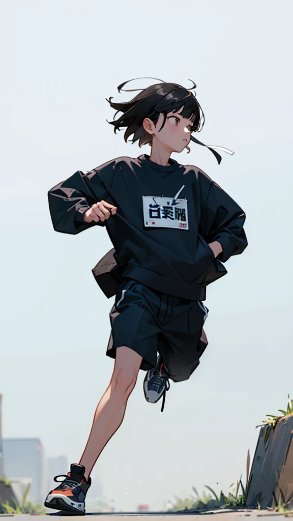 Black Hair、Wolf Cut、Running、sneakers、adult、Comfortable clothing、criminal