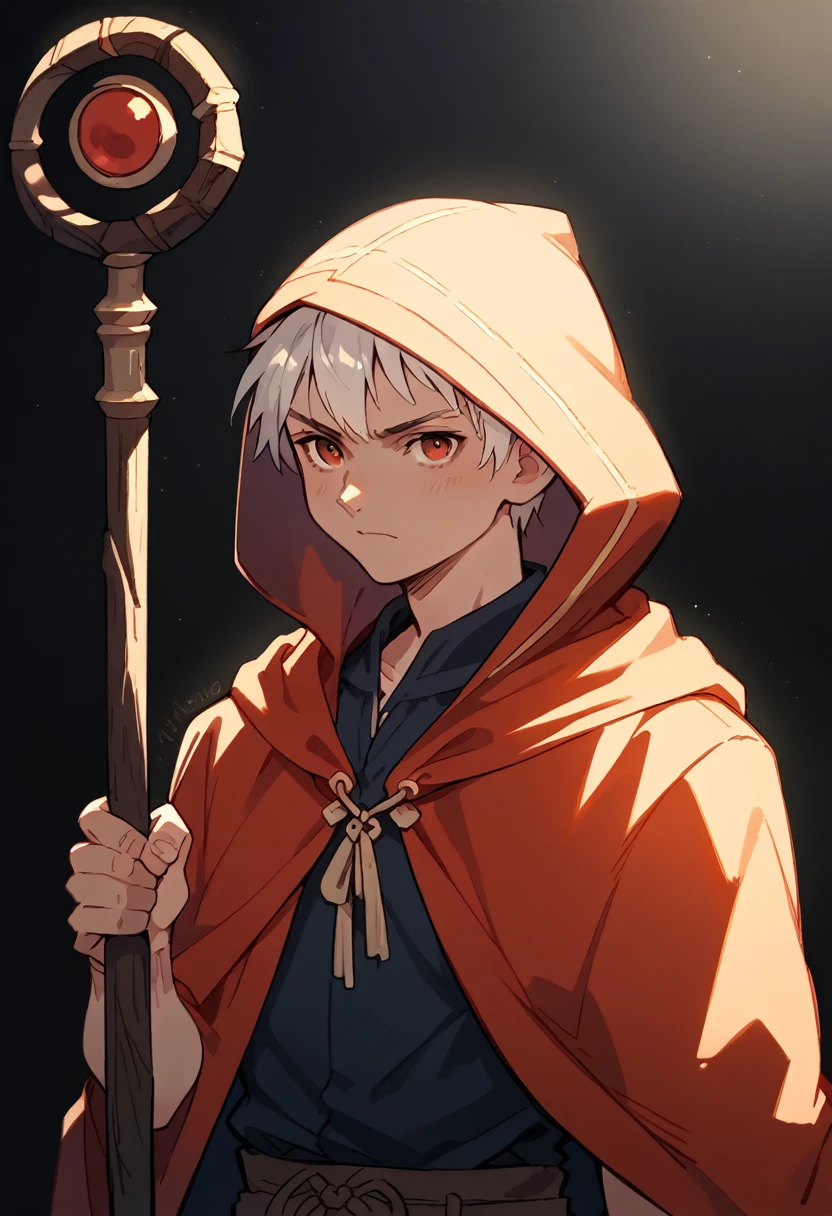 a hooded man holding a long wooden staff with a red stone on the tip, hood covering his face, black background, detailed facial features, intricate textures, dramatic lighting, cinematic composition, dark fantasy, digital art,eyes shining