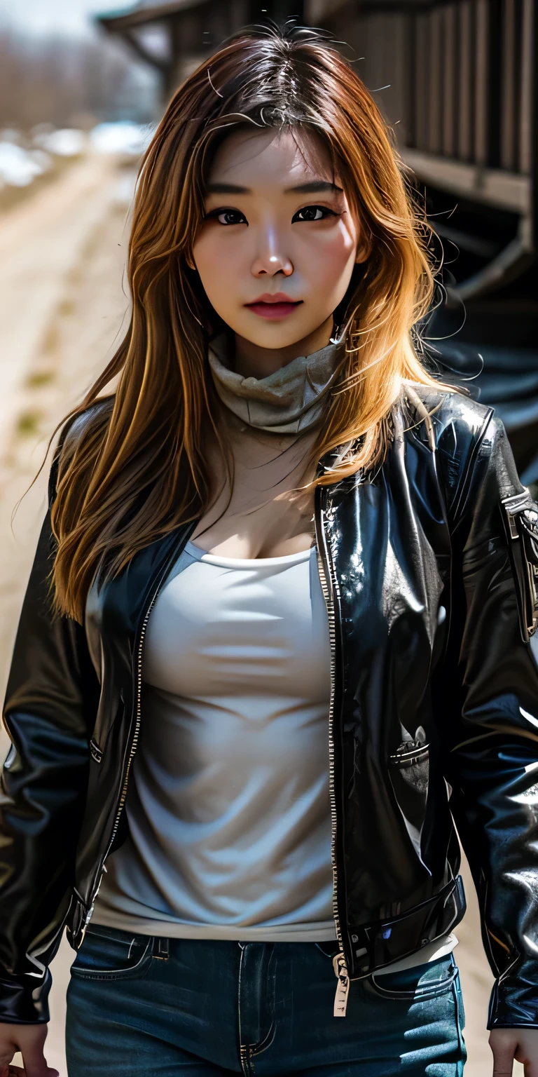 beautiful detailed chinese female, wearing Post-Apocalyptic Nomad: Layered, rugged attire with a mix of salvaged materials. Includes tactical vests, weathered leather jackets, and an array of pockets and straps, beautiful face, shiny white skin, blonde hair, large breasts, massive cleavage exposed