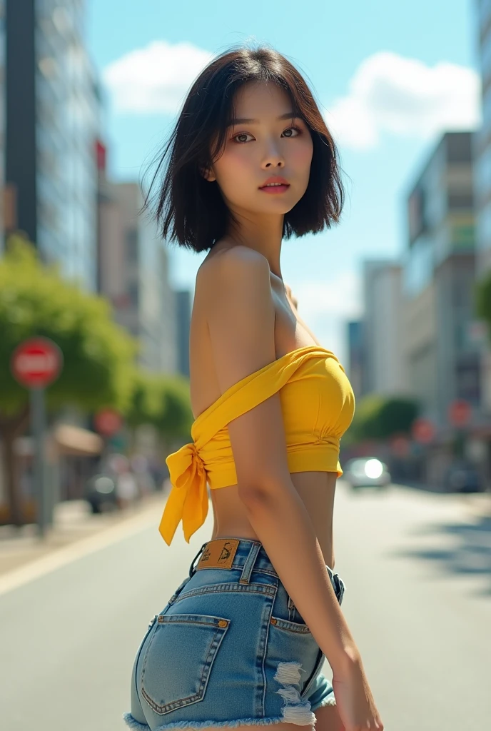 ((Realistic lighting, Best quality, 8K, Masterpiece: 1.3)), Clear focus: 1.2, 1 Korean girl, Perfect Figure: 1.4, Slim Abs: 1.1, See through, tight clothing, ((Korean)), (panties: 1.4), (Yellow crop top: 1.4), (Outdoor, Night: 1.1), City streets, Super fine face, Fine eyes, Double eyelids,