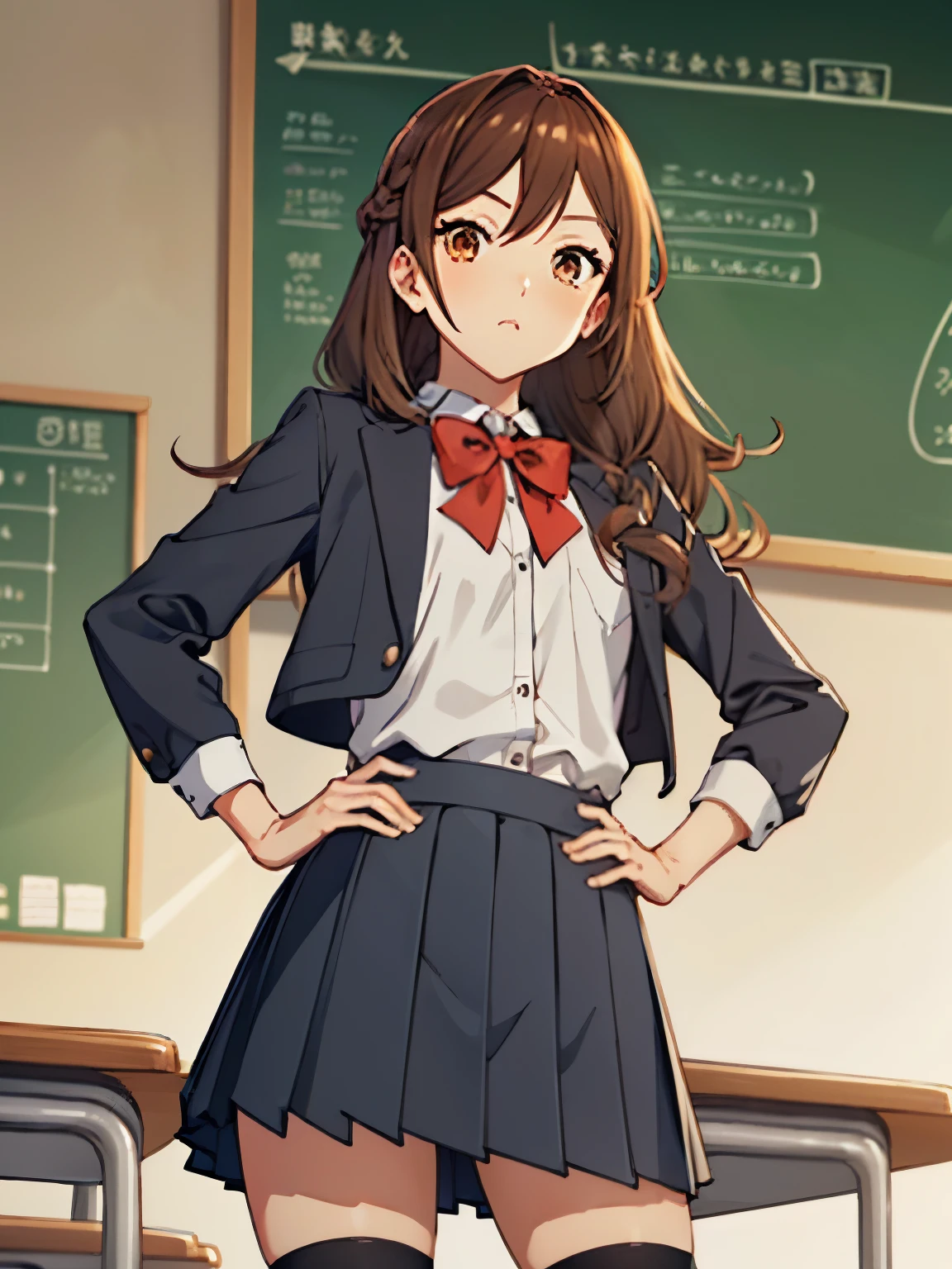 1girl,horikyouko,long hair,brown hair,school uniform,bow tie, jacket, white shirt, pleated skirt, black thighhighs, classroom,looking at viewer,standing,(hands on hips),to pout,(puching),puff out the cheeks,(puff cheeks),(looking from below),masterpiece,extremely detailed CG unity 8k wallpaper, best quality,32k,focus sharp, focused on face