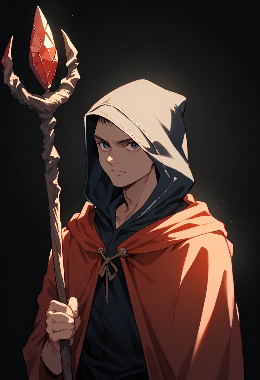 a hooded man holding a long wooden staff with a red stone on the tip, hood covering his face, black background, detailed facial features, intricate textures, dramatic lighting, cinematic composition, dark fantasy, digital art,eyes shining