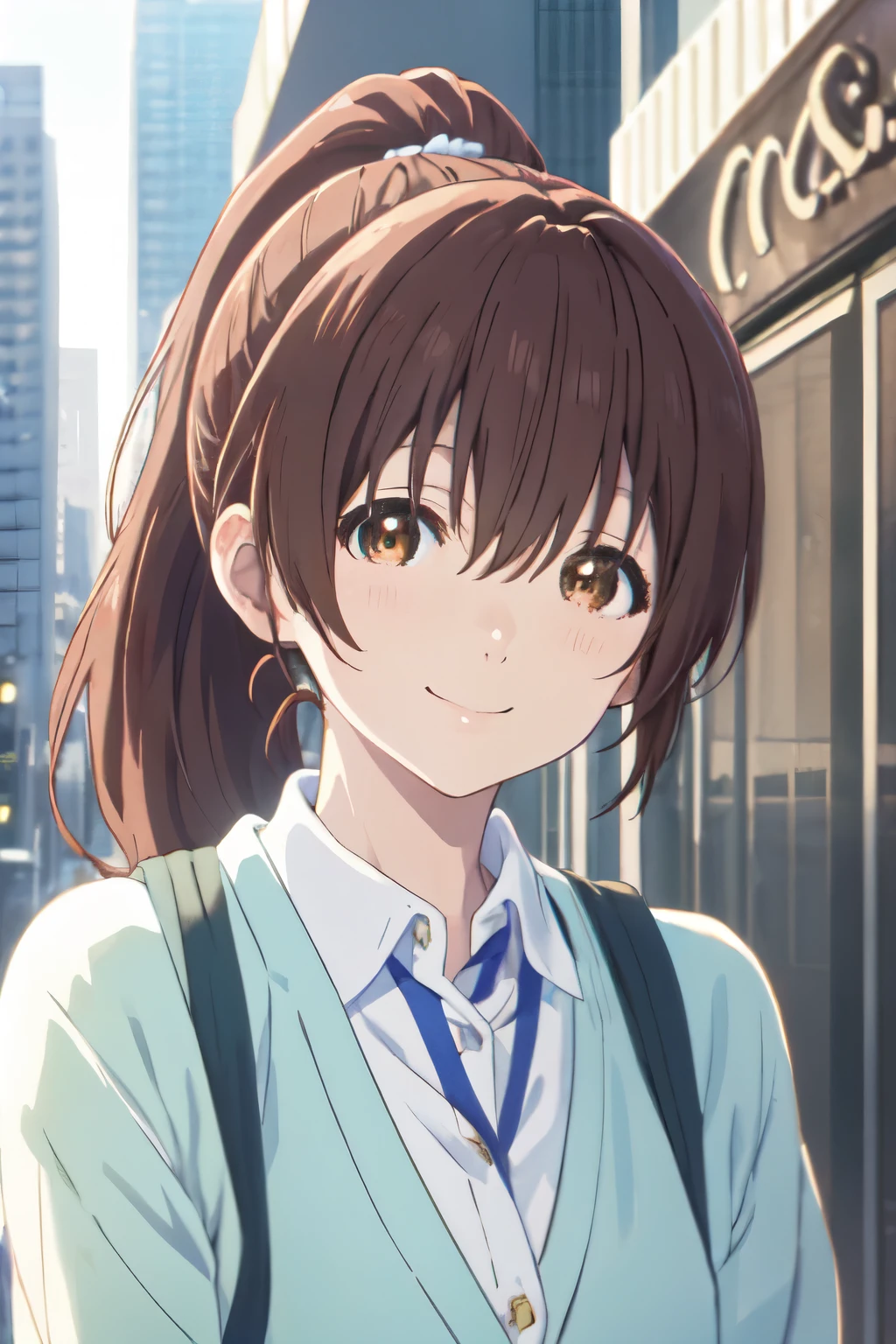 (best quality), (masterpiece), shouko_nishimiya, brown hair, ponytail, brown eyes, cardigan, looking at viewer, smiling, city, sunny, 