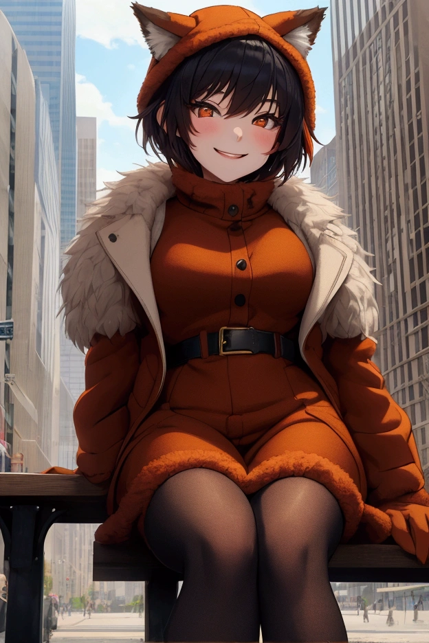 A girl with very short hair, a lesbian, dressed in woolen furry fox costume, sits on a city bench, with an excited face 