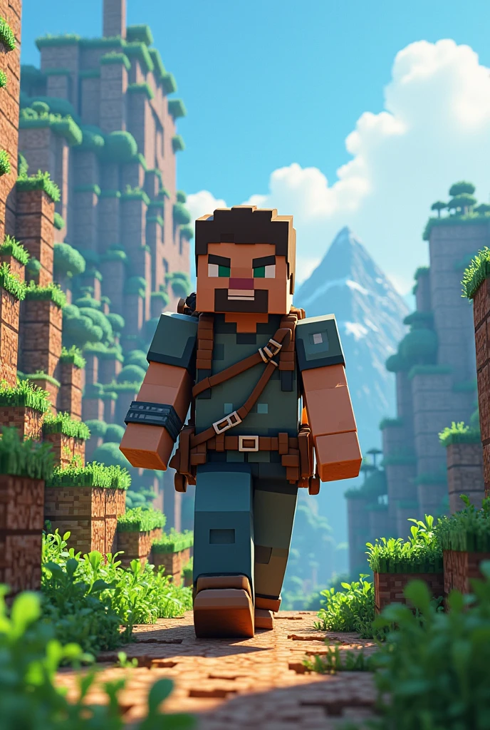 a minecraft character on a battlefield holding a weapon in his hand