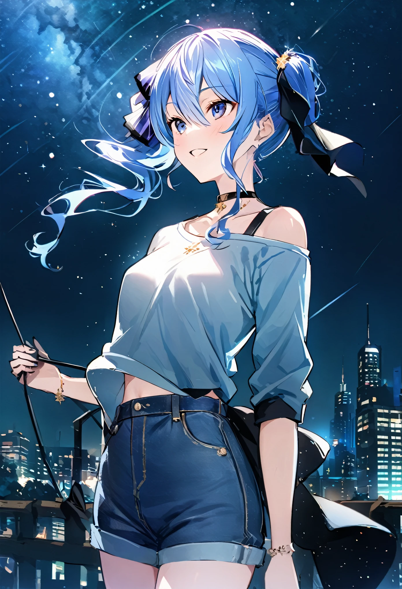 (8k、Best image quality、highest quality、masterpiece)、Detailed face、 1girl、Blue Hair、Long Hair、sideponytail、dark_blue_eyes、smile,(glimps_ of_ navel:0.6)、small_breasts,((White T-shirt))、Off the shoulder、Black shoulder straps、(open_front_denim_short_shorts:1.2)、City Background, starry_sky_landscape ,hoshimachi suisei,(covered_nipples:0.3), (belly_button:1.2),nihil,solo,stargaze,girl_looking_up_sky,slender,