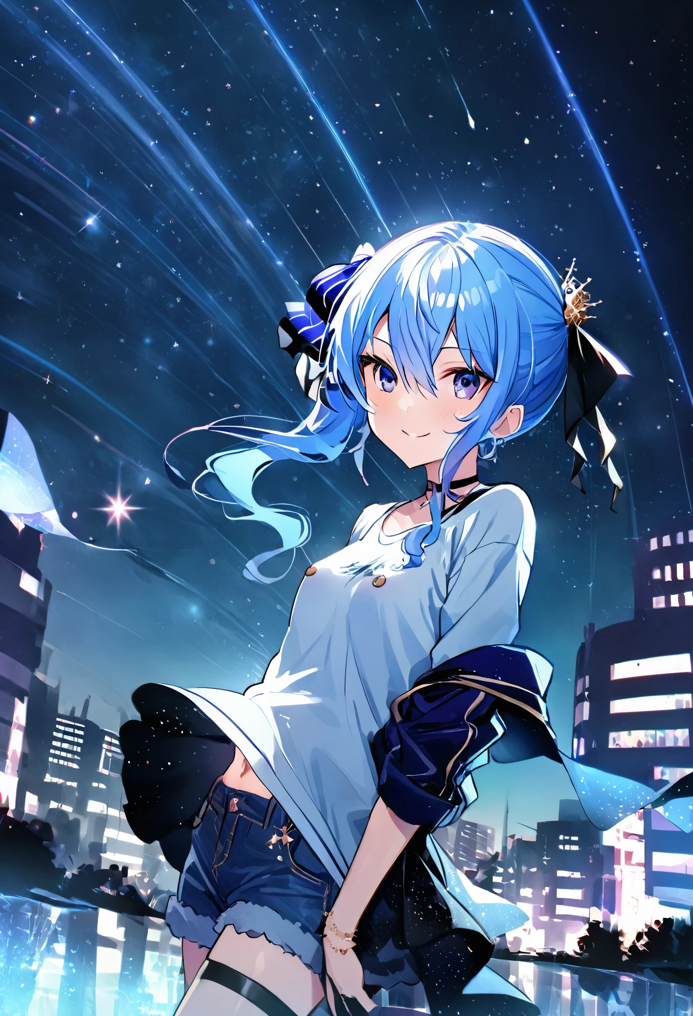 (8k、Best image quality、highest quality、masterpiece)、Detailed face、 1girl、Blue Hair、Long Hair、sideponytail、dark_blue_eyes、smile,(glimps_ of_ navel:0.6)、small_breasts,((White T-shirt))、Off the shoulder、Black shoulder straps、(open_front_denim_short_shorts:1.2)、City Background, starry_sky_landscape ,hoshimachi suisei,(covered_nipples:0.3), (belly_button:1.2),nihil,solo,stargaze,girl_looking_up_sky,slender,
