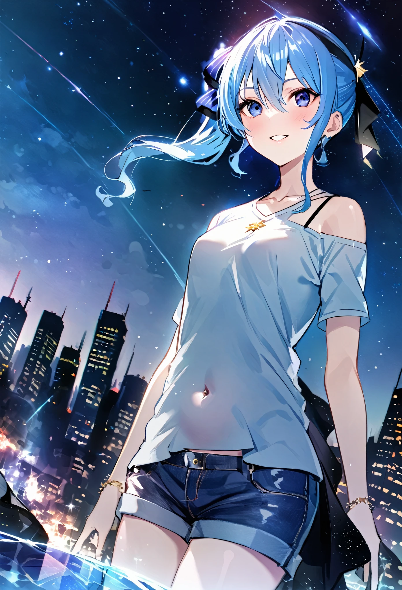 (8k、Best image quality、highest quality、masterpiece)、Detailed face、 1girl、Blue Hair、Long Hair、sideponytail、dark_blue_eyes、smile,(glimps_ of_ navel:0.6)、small_breasts,((White T-shirt))、Off the shoulder、Black shoulder straps、(open_front_denim_short_shorts:1.2)、City Background, starry_sky_landscape ,hoshimachi suisei,(covered_nipples:0.3), (belly_button:1.2),nihil,solo,stargaze,girl_looking_up_sky,slender,
