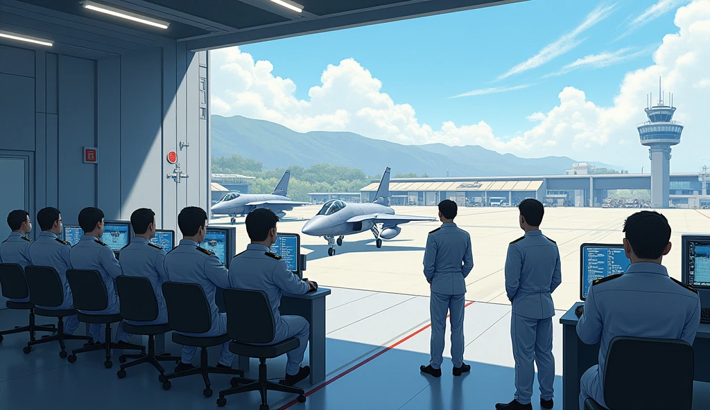 airport, inside view, boarding area, people around, police officers, pilot