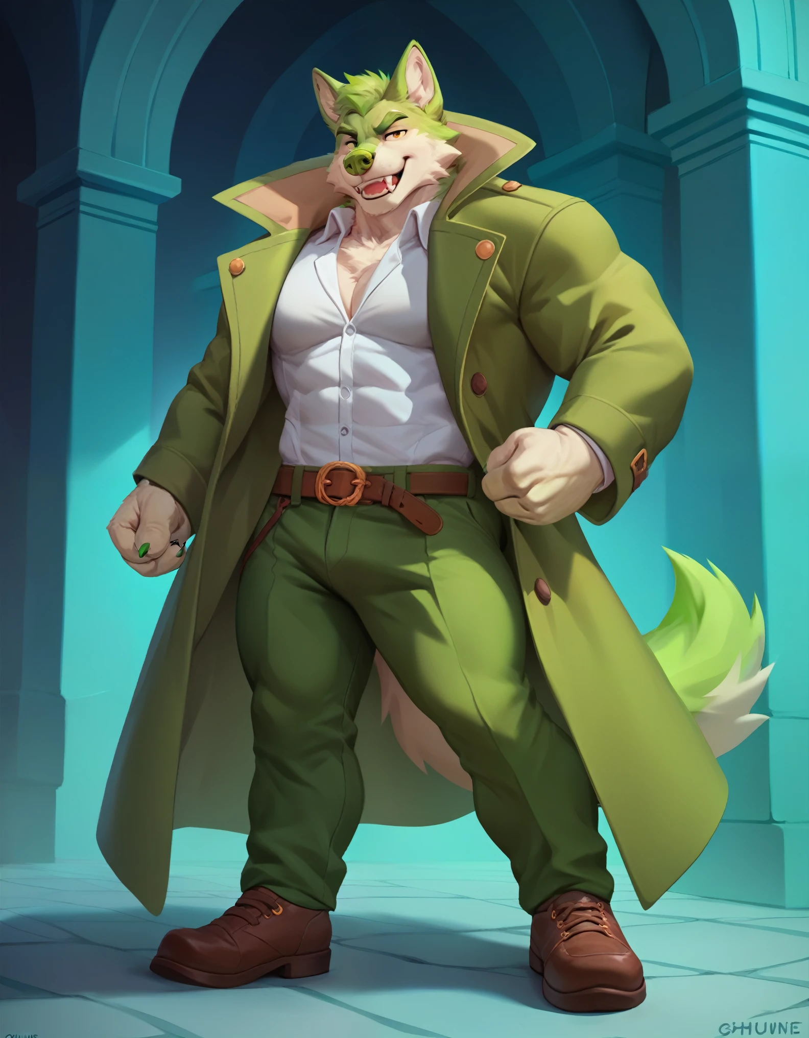 a wolf, furry, anthro, alone, male, light green fur, green eyebrows, green nose, white wizard coat, closed coat, brown belt, green pants, white shoes, wolf tail, thin, not so muscular, skinny, posing, Dynamic pose



