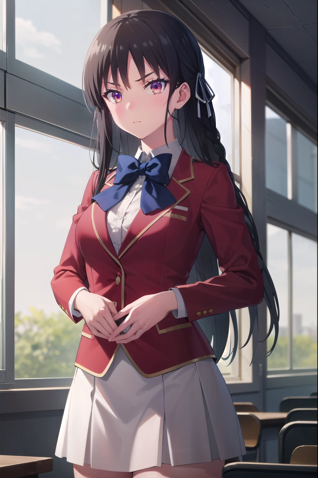 suzunehorikita, suzune horikita, long hair, black hair, (red eyes:1.3), hair ribbon, braid,
BREAK bow, school uniform, jacket, bowtie, blue bowtie, blazer, (red blazer:1.5), skirt, white skirt,
BREAK indoors, classroom,
BREAK looking at viewer, (cowboy shot:1.5),
BREAK (masterpiece:1.2), best quality, high resolution, unity 8k wallpaper, (illustration:0.8), (beautiful detailed eyes:1.6), extremely detailed face, perfect lighting, extremely detailed CG, (perfect hands, perfect anatomy),