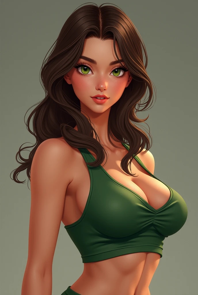 A youthful breath,Cleavage is seductive,Greenery in the background,beauty breast,Eyebrows are clear,Harnes