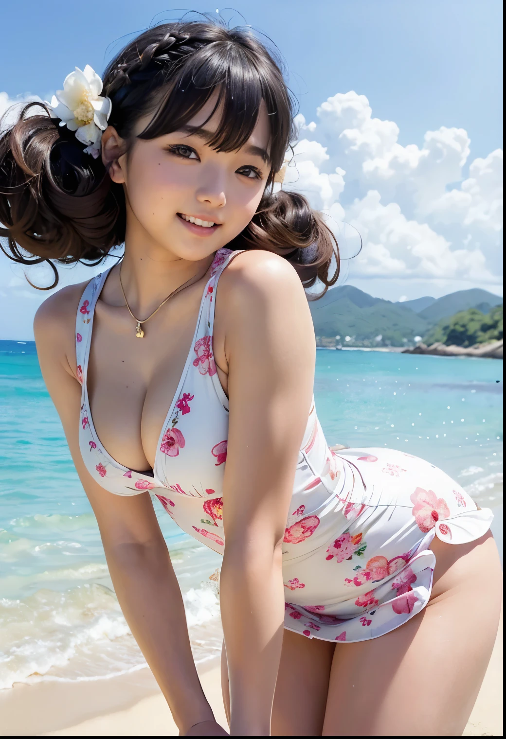 (Highest quality,masterpiece:1.3,Ultra-high resolution),(Very detailed、Caustics) (Realistic:1.4, RAW shooting、)Ultra-Realistic Capture、Very detailed、Natural skin texture、masterpiece、(A Japanese ********************** wearing a thin satin floral one-piece dress:1.3)、Hair fluttering in the wind、Adorable expression、Expressions of happiness、、height: 140cm、*********、*********、Amazingly cute、Twin tail hairstyle、Curly Hair、ribbon、Black Hair、Large Breasts、Shining thighs、Shining ass、necklace、Photo taken on the beach in Miyakojima、Background details、smile、An inviting gaze、(Anatomically correct)、Cowboy Shot、Attention to detail、