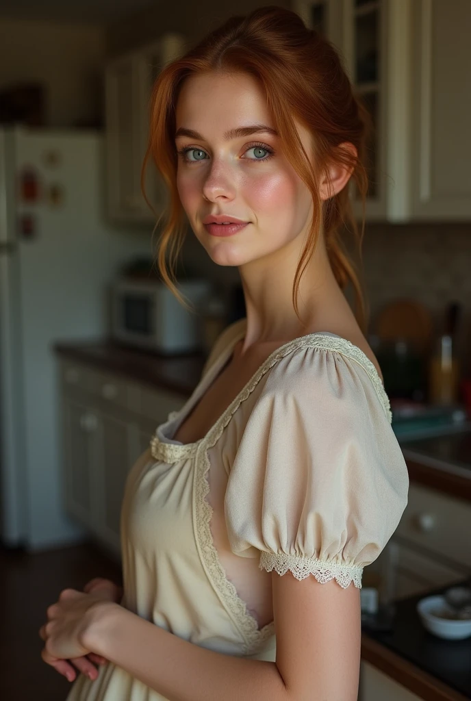 Light coloured eyes, (Jessica chastain,:0.8), beautiful average looking woman, dress, (looking at the camera:1.4), (highest quality), (best shadow), intricate details, interior, (ginger hair:1.3), white studio, rich colors, freckles, cleavage ,(ponytail:1.4), wavy hair, (bangs:1.4), ultra realistic photo, masterpiece, Polaroid, Kodak portra 800, dof 85mm, bokeh, (thick body :1.2),