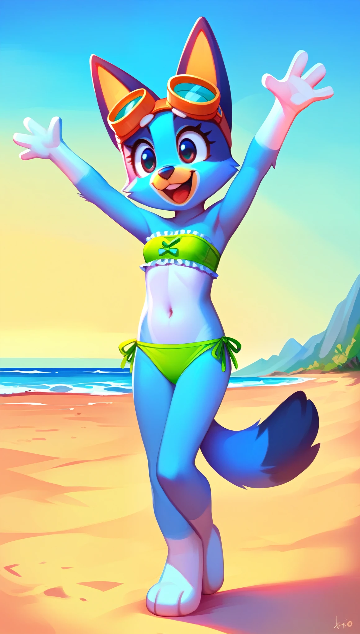 score_9, score_8_up, score_8, 1girl, source_cartoon, source_furry, bluey heeler, furry girl, anthro, furry, tail, blue body, animal ears, :3, childlike joy, whimsical, mischievous, feminine, female, slender figure, slim body, ((short body, tiny body)), detailed fur texture, ((goggles, green frilly strapless bikini top, midriff, green ruffled bikini bottom)), full body, feets with three toes, navel, beach, clear sky, navel, gorgeous body, standing,