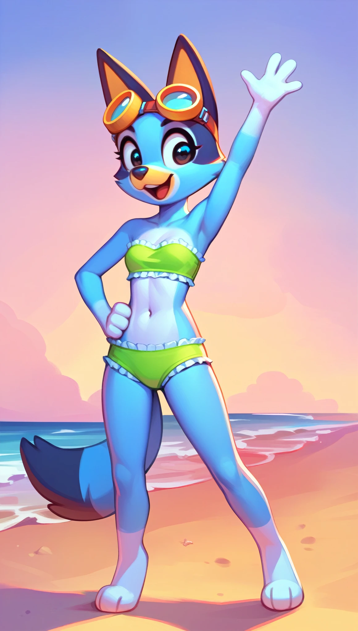 score_9, score_8_up, score_8, 1girl, source_cartoon, source_furry, bluey heeler, furry girl, anthro, furry, tail, blue body, animal ears, :3, childlike joy, whimsical, mischievous, feminine, female, slender figure, slim body, ((short body, tiny body)), detailed fur texture, ((goggles, green frilly strapless bikini top, midriff, green ruffled bikini bottom)), full body, feets with three toes, navel, beach, clear sky, navel, gorgeous body, standing, hands on hips,