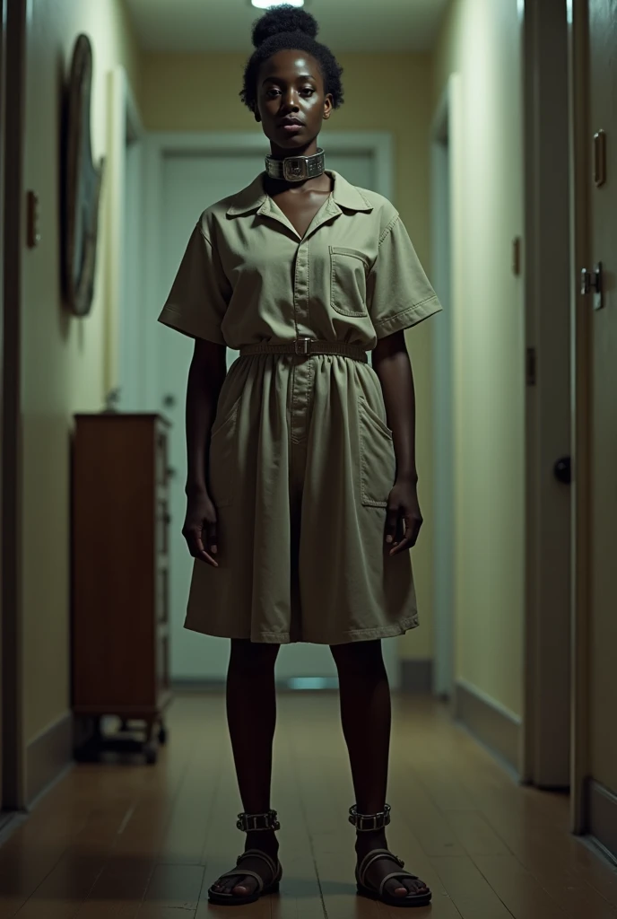 disturbing image of a dead black woman, pale skin, walking in a morgue, dressed in squalid clothes, horror film photography